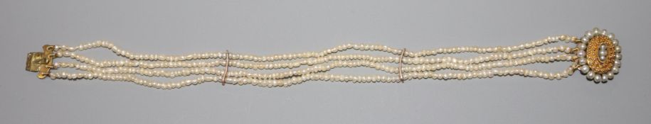 A late 19th century quadruple strand seed pearl bracelet with yellow metal and seed pearl set clasp,