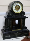 A Victorian black slate and green marble mantel clock height 48cm