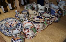 A group of 19th century ironstone china, blue and white pottery, etc. Tallest jug 19cm