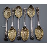 A set of six Edwardian silver King's pattern serving 'berry' spoons, Walker & Hall, Sheffield, 1904,