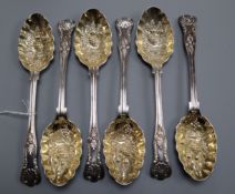 A set of six Edwardian silver King's pattern serving 'berry' spoons, Walker & Hall, Sheffield, 1904,