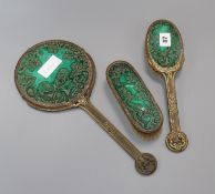 A French gilt metal faux malachite three piece dressing table set Mirror 36cm long