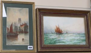 T. Mortimer, watercolour, Continental harbour scene, signed, 24 x 14cm and a watercolour of