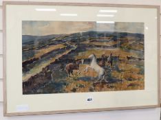 Ellis Shaw (fl.1950) watercolour, Ponies on Saddleworth Moor, signed, 31 x 55cm