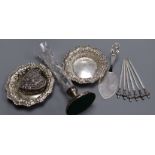 Mixed silver and white metal items including pair of bonbon dishes, skewers, heart shaped trinket