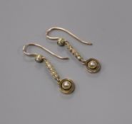 A pair of Edwardian 15ct and seed pearl set drop earrings, overall 31mm.