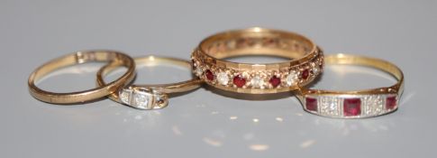 An 18ct and plat. ruby and diamond five stone ring, two 9ct rings and a yellow metal and diamond set