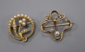 An Art Nouveau yellow metal, diamond and split pearl set brooch and a yellow metal and split pearl