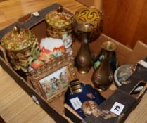 A small collection of lidded ceramics bowls, framed plaques and other pieces