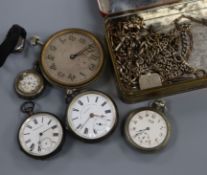 Three silver fob watches, chains, etc.