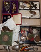 A collection of assorted collectables, medals and sundries to include silver teaspoons, coinage