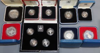 Royal Mint 1984-1987, pound silver proof piedfort silver crowns, three pound coins and a two pound