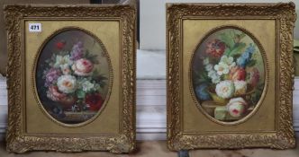 F. Suzan, pair of oils on board, Still lifes of flowers in baskets, signed, 25 x 19cm