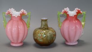 A pair of Webb style glass vases and a small Doulton vase pair height 16cm