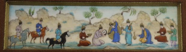 A Persian gouache on a porcelain panel depicting a reception