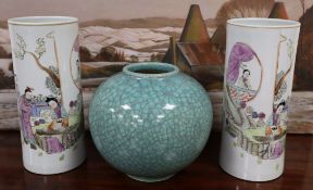 A pair of Chinese sleeve vases and a crackleware vase pair 28cm