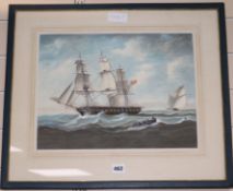 R Stokes-Smith after Thomas Butterworth, watercolour, Frigate at sea, signed, 30 x 40cm