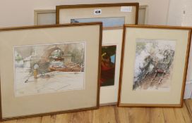 B.P. Batchelor, two watercolours, Steam locomotives and Angler beside a river, both signed,