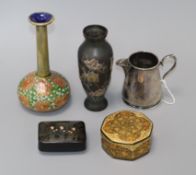 A Japanese mixed metal vase, an aesthetic plated milk jug and two papier mache boxes and a Doulton