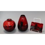 Two Royal Doulton flambe vases and a pin tray Tallest vase 18cm