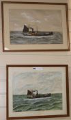 A. Harvey, watercolour, Fishing trawler 'Linsdale' at sea, 30 x 40cm and a similar study of a