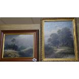 19th century English School, Landscape with figure, oil on board and another landscape signed W.