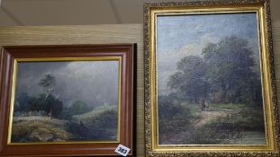 19th century English School, Landscape with figure, oil on board and another landscape signed W.