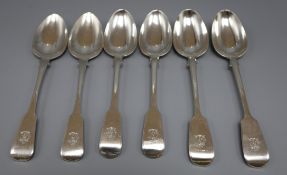 A pair of George III silver fiddle pattern tablespoons, London, 1814 and two pairs of similar