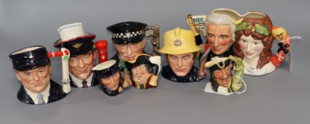 Eight Royal Doulton small and miniature character jugs, comprising Postman, D6801, Policeman, D6852,