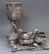 A set of late George II silver salts, London, 1759, a set of four George III silver cream ladles,