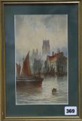 Thomas Mortimer, watercolour, Continental harbour scene, signed, 24 x 14cm