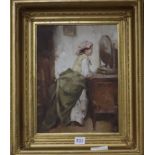 Continental School, oil on board, Woman at a dressing table, monogrammed, 33 x 24cm.