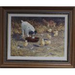 Donna Crawshaw (b. 1960), Jack Russell terrier and chicks, signed, oil on canvas