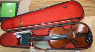 A 19th century violin with two-piece back, in wooden case with bow