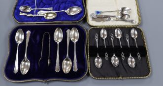 A cased set of six silver teaspoons, one other cased part set six items of small flatware.