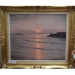 Roger De La Corbiere, oil on canvas, Sunset over the coast, signed, 44 x 53cm.