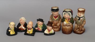 Five Royal Doulton miniature busts of Dickens characters and three Toby jugs, including Buzfuz, Mr