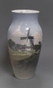 A Royal Copenhagen porcelain vase, decorated with a windmill height 32cm