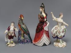A Royal Doulton figure, 'Mantilla', two Continental porcelain figures and a decorative Chinese