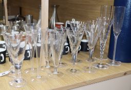 A collection of glass flutes including two Tiffany (14)