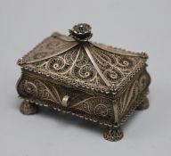 A 19th century Russian 91 zolotnik filligree white metal box and hinged cover, Andrei Kavalsky?,