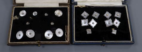 A cased eight piece mother of pearl and seed pearl set rolled gold dress stud set and one other part
