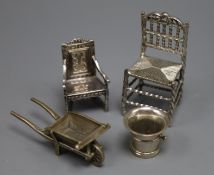 A 1960's silver miniature chair, London, 1968 and three other items including a Dutch white metal