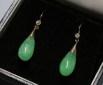 A pair of yellow metal mounted, jade and diamond drop earrings, 23mm.