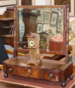 A Regency mahogany box base toilet mirror fitted three drawers, on ball feet and a Victorian