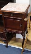 A late 19th century French mahogany and marble topped bedside cupboard W.42cm