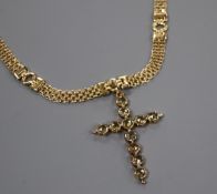 A yellow metal and citrine set cross pendant , on a 9ct gold chain, pendant 44mm.