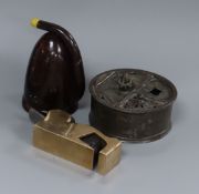 A cabinet maker's plane, 18th century inkwell and a faux tortoiseshell hearing horn