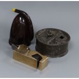 A cabinet maker's plane, 18th century inkwell and a faux tortoiseshell hearing horn