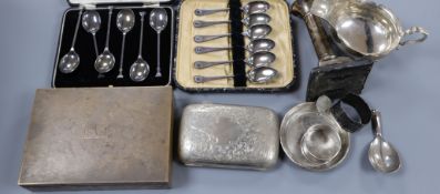 Silver - small candlestick, gravy jug, 2 napkin rings, ash tray, engraved cigar case, engine-